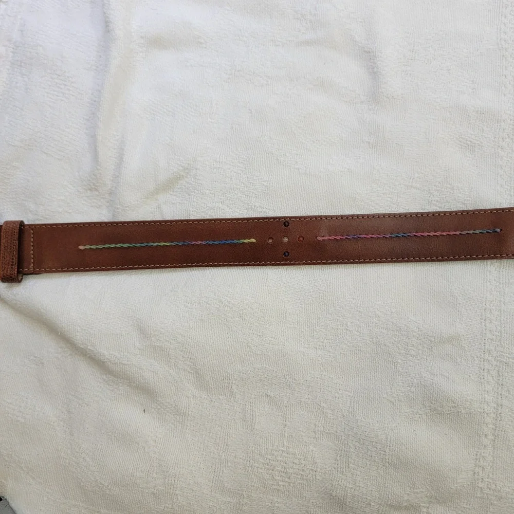 VTG The Limited Wide Brown Leather Belt Made in Italy Rainbow Embroidery Beads L